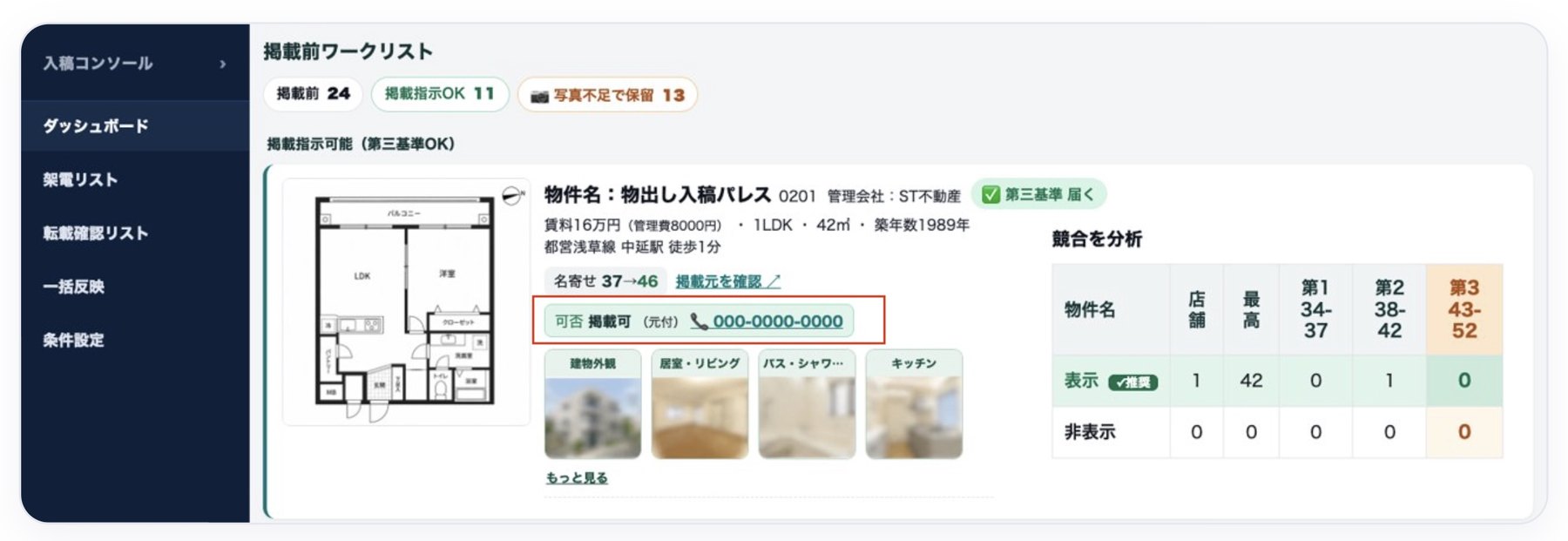 ワークリスト上に「掲載可（元付）」と転載可否が表示されている